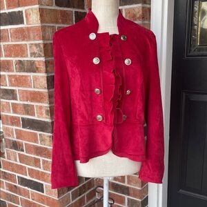 Kate & Rosy Cranberry Red Ruffle Button Faux Suede‎ Blazer